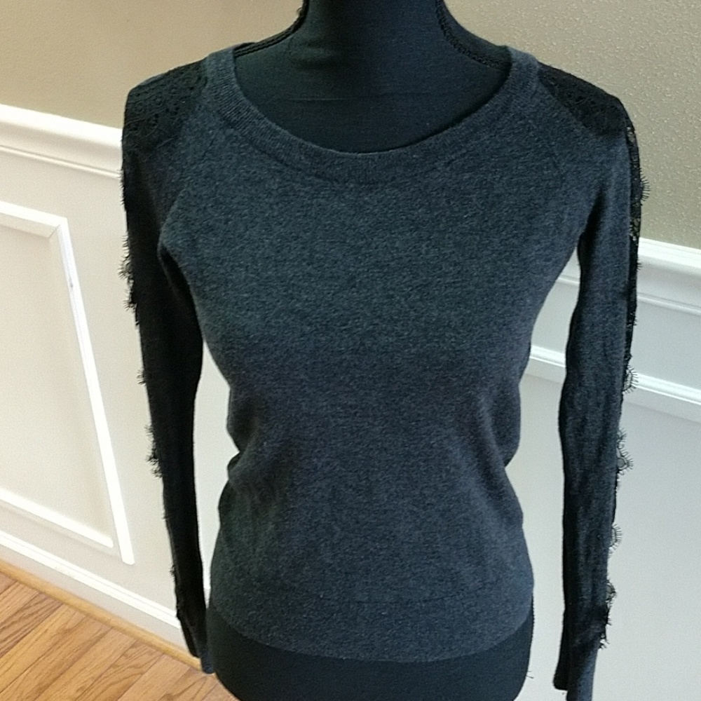 Ann Taylor LOFT dark gray sweater with black lace